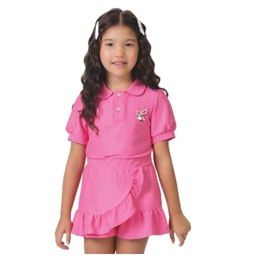 Conjunto blusa polo shorts saia babado verão charmoso leve fofo - Pink e Verde - Menina 4 a 14 anos