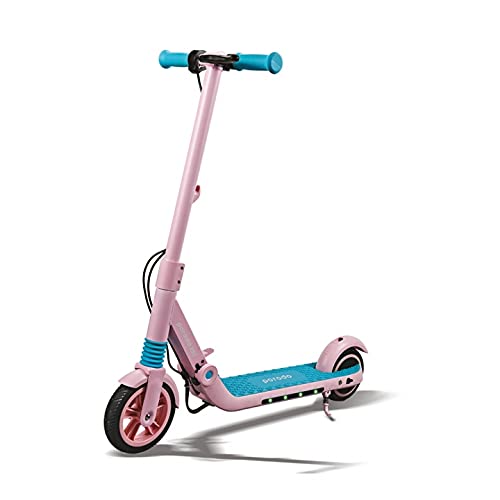 PorodoLifestyle Electric Kids Scooter 200W w/Helmet & Kneepads, E-ABS Anti-Lock Braking System, Foldable Aluminum Frame w/Anti-Slip Handles, 50kg Max Load, LED Light Strip, 10km Riding Range(Pink)
