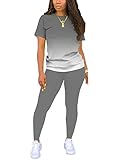 Fooullaide Women Summer 2 Piece Outfit Set Gradient Print Short Sleeve Tops Bodycon Long Sweatpants