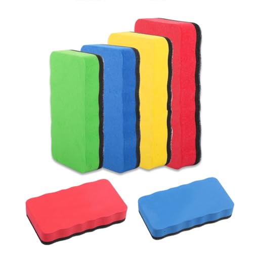 Pack de 6 borradores magnéticos para Pizarra Blanca - Limpiador en seco de rotuladores con imán potente para anclarse a la pizarra - Colores Rojo (2Uds), Azul (2Uds), Amarillo (1Ud) y Verde (1Ud)