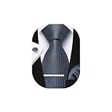 HISDERN Solid Black Tie Ploka Dots Ties for Men Pocket Square Cufflinks Tie Clip Set Silk Woven Men's Charcoal Neckties Formal Business Wedding