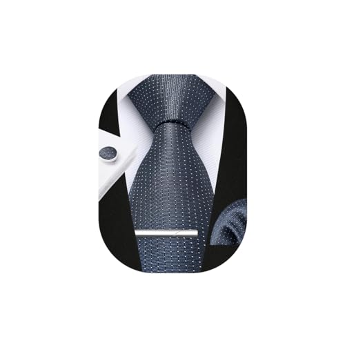 HISDERN Solid Black Tie Ploka Dots Ties for Men Pocket Square Cufflinks Tie Clip Set Silk Woven Men's Charcoal Neckties Formal Business Wedding