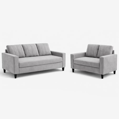 Image of Hendrick Plush Velvet 3 Seater + 2 Seater Sofa Set | Silken Velvet Suede Upholstery | Designer Sofa Set for Living Room & Office Spaces (Light Grey)