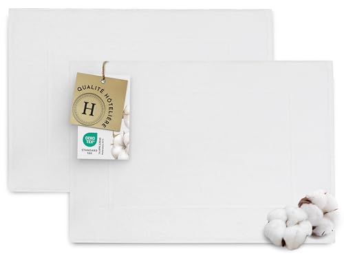 ZOLLNER Lot de 2 Tapis de Bain en 50x70 cm - Coton - Éponge torsadée Haut de Gamme - Blanc - Qualité hôtelière - Certifié Oeko Tex®