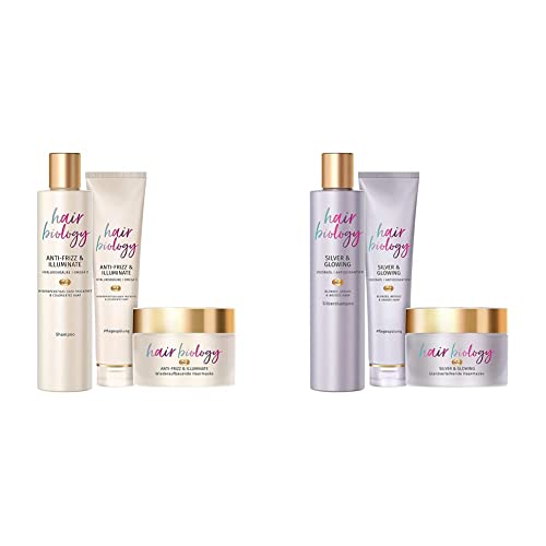Hair Biology Haarpflege Set: 1x Anti-Frizz & Illuminate Shampoo 250 ml + 1x Pflegespülung 160 ml + 1x Haarmaske & Haarpflege Set: Silver & Glowing Shampoo 250 ml + Pflegespülung 160 ml + Haarmaske Cover