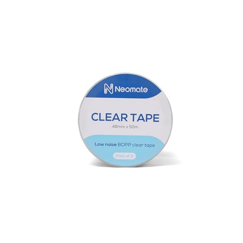 Image of Neomate Low Noise Clear BOPP Packaging Tape | 48mm x 50m, Pack of 2 | Heavy-Duty Transparent Tape for Packaging, Decorating, DIY Projects