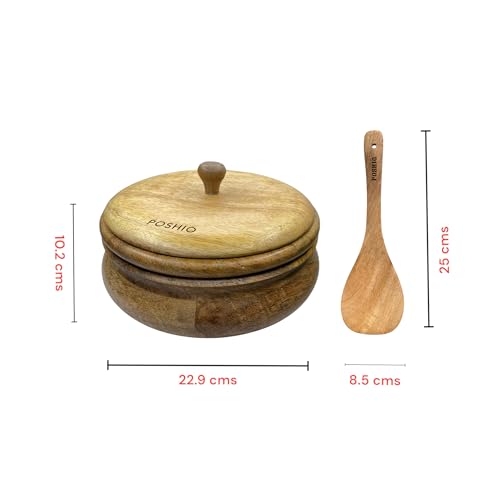 Image of POSHIO Wooden Casserole Hotpot Box with 1 Ladle, Breads Storage & Serving Box | Mango Wood Container | Non-Toxic Polished Serveware- Natural Wood Finish (1, Natural, 9x9x4in, Style 1)