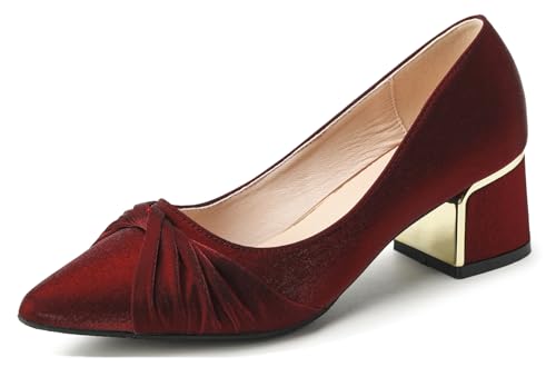 LizFoYa Women Closed Pointed Toe Wedding Pumps Pleated Bridal Dress Shoes Satin Comfort Block Heels