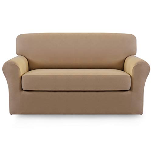 Easy-Going 2 Pieces Microfiber Stretch Sofa Slipcover – Spandex Soft Fitted Sofa Couch Cover, Washable Furniture Protector with Elastic Bottom Kids,Pet (Loveseat,Camel)