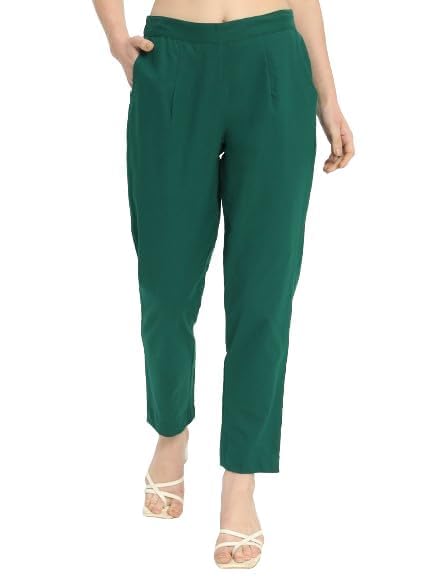 Image of Women's Solid Straight Fit 100% Cotton Trousers | High Waist, Side Pockets, Ankle Length Pants for Office, Casual