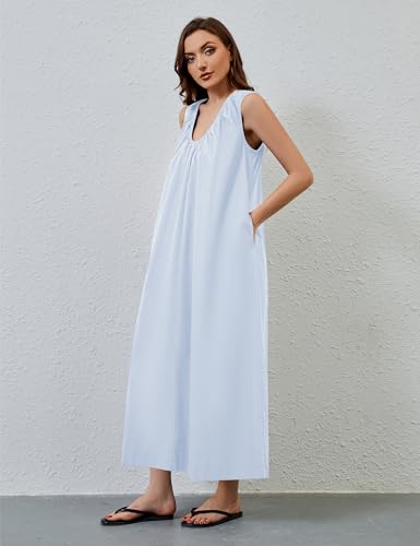 Image of MISSACTIVER Women's Sleeveless Maxi Dress Scoop Neck Ruched Long Dress with Side Pockets Wide Shoulder Elegant Blouse Dresses