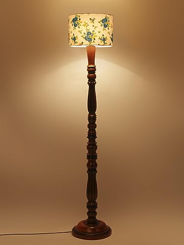 Image of Cotton Shade Floor Lamp with Wooden Base - Height 56 Inches, Blue Floral | Modern Standing Lamp for Living Room, Bedroom, Office | Stylish & Decorative Home Lighting | Elegant Decor