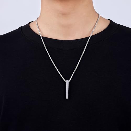 Fiusem Pendant Necklace for Men, Silver Tone/Gold Plated/Black Mens Penddant Necklaces with 2.5 mm Box Chain, Stainless Steel Bar Chain, 18-28 Inches2