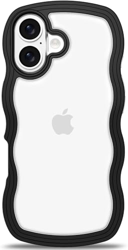 Image of GoldKart iPhone 17 Case Wavy Edge Clear Back Design, Anti-Slip Grip Cute Wave Curly Frame Shape Shockproof Soft TPU & Hard PC Bumper Protective Phone Case Cover for Women Girls - Black