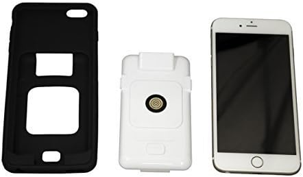 AsReader 1D Barcode Sled components: black case, white sled, and iPhone