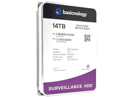 Basicnology Surveillance HDD 14TB 7200RPM SATA 6Gb/s 128MB Cache 3.5inch Internal Surveillance Hard Drive (BG14TSA256S) - 3 Years Warranty (Renewed)