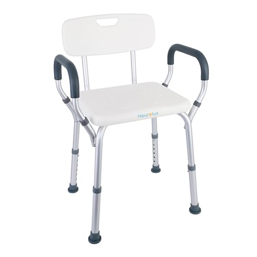 Imagen de Neurolux Silla para Ducha para Adulto Mayor, Banco para Baño y Regadera con Reposabrazos y Respaldo Desmontable, Altura Ajustable hasta 6 Niveles, con Diseño Antideslizante, Soporta hasta 150 Kg