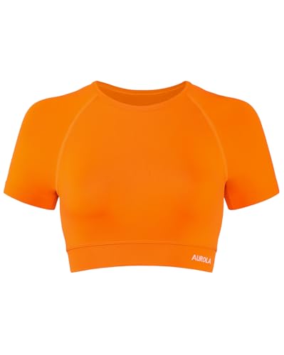 Image of AUROLA Influence Women Crop Top Short Sleeve Compression Workout T-Shirt | Raglan Short Sleeve Crop Top, High-Stretch Seamless Knit, Stay-Put Ribbed Underband, Soft Breathable Comfort