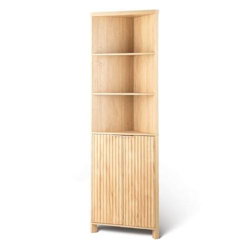 Bonnlo Tall Bathroom Cabinet Grille Corner Bathroom Cupboard 2 Doors 5-Tier Slim Storage Unit Oak Freestanding Bathroom Organizer Wooden Corner Shelf Unit for Small Spaces 55.5×30.5×173cm