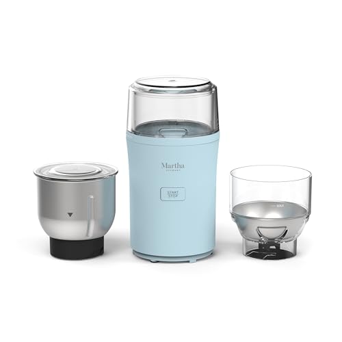 Martha Stewart Electric Coffee & Spice Grinder, Dual 2.5oz Removable Bowls, Storage Lids, Stainless Steel Blades, One Touch Pulse Control, 2-in-1 Compact, Beans & Spices, Herbs & Nuts, Sky 