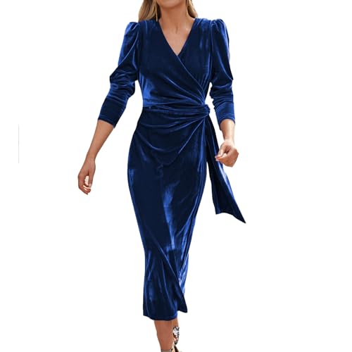 Yanhalo Womens Velvet Fall Winter Dress Long Sleeve V Neck Ruched Bodycon Long Dress Party Elegant Wedding Cocktail Evening Dress Blue