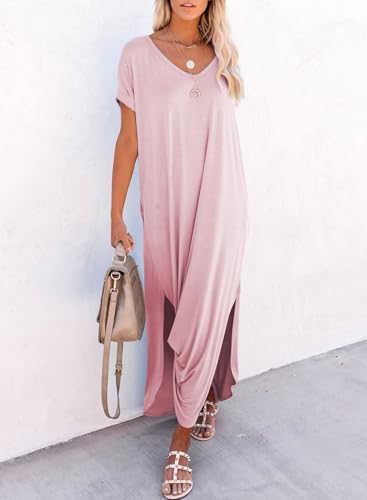 Image of Dokotoo Womens Maxi Dress Summer Short Sleeve Casual Loose Maxi Dresses Bathing Suit Cover Up for Women Sundress Pink Dresses for Women with Pockets S