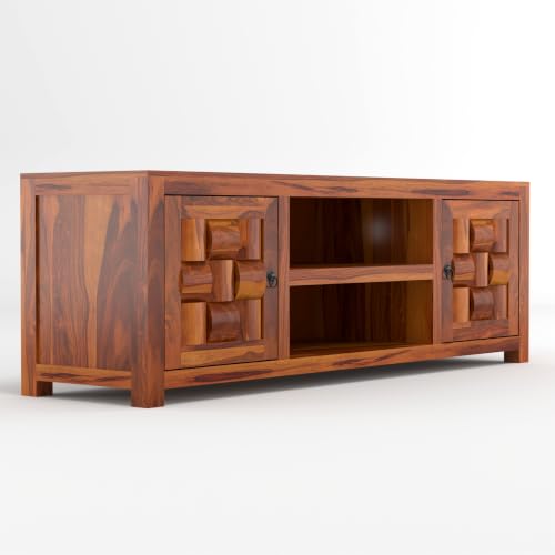Image of Solid Sheesham Wood Entertainment TV Unit with 2 Door | Rosewood Tv Stand /TV Cabinet for Living Room | Bedroom | Wooden TV Panel with Shelf Stoarge | TV Table