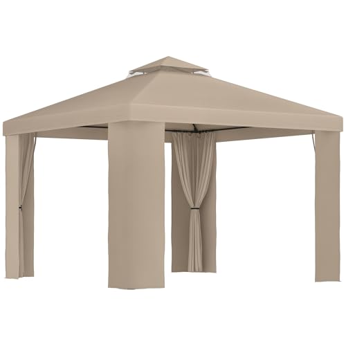 Outsunny Gazebo Da Giardino 3X3M In Metallo Con Zanzariera E Tetto A 2 Livelli In Poliestere Cachi