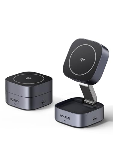 UGREEN Qi2 15W Carregador Sem Fio Dobrável Magnético 2 em 1, Suporte de Carregamento Rápido Compatível com Magsafe iPhone 17 Pro Max/Air/16/15/14/13/12, AirPods, Cabo de 1 m
