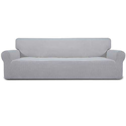 Image of Easy-Going Stretch 4 Seater Sofa Slipcover 1-Piece Sofa Cover Furniture Protector Couch Soft with Elastic Bottom for Kids, Polyester Spandex Jacquard Fabric Small Checks Silver Gray