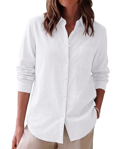 siliteelon Women's Linen Cotton Button Down Shirt Long Sleeve Dress Shirts Work Blouse Top with Pocket White M