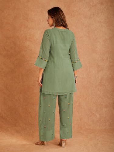 Image of ANNI Designer Farshi Salwar Suit for Women Viscose Embroidered | Co Ord Set for Woman | Straight Kurta Palazzo Outfit Round Neck V Slit 3 /4 Sleeve Ethnic Dress Womens Clothing