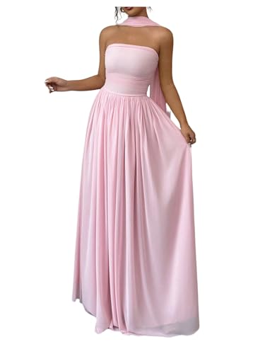 MakeMeChic Women's Mesh Strapless Tube Dress Ruched Sleeveless Cocktail Maxi Dresses with Scarf