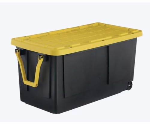 75-Gallon Heavy Duty Rolling Stackable Storage Tote with Snap Lid, Black and Yellow, X-Large, 300-Quarts