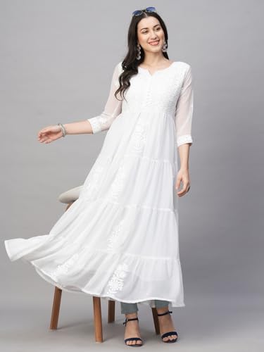 Image of RATAN Women's Solid Georgette Tiered Chikankari Flared Kurti Gown Maxi Dress