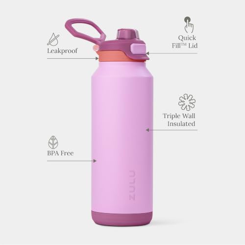 Image of ZULU Powerfill Pro 40oz Stainless Steel Water Bottle with Quick Fill Lid, Triple Walled Vacuum Insulated Metal, Leak Proof Locking Lid, Sip and Chug, Reusable BPA Free, Sherbert