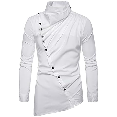 MANYMANY Men's Long-Sleeved Shirt Top Oblique Button Stand Collar White Top T-Shirt Cover