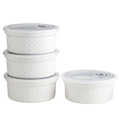 8 Oz Ceramic Bowls Set with Lids Oven Safe, Airtight Food Storage Containers Set of 4, Serving Bowls with Lids for Kitchen, Camping, Office Lunch, Breakfast, Charcuterie Bowls, Meal Prep Containers