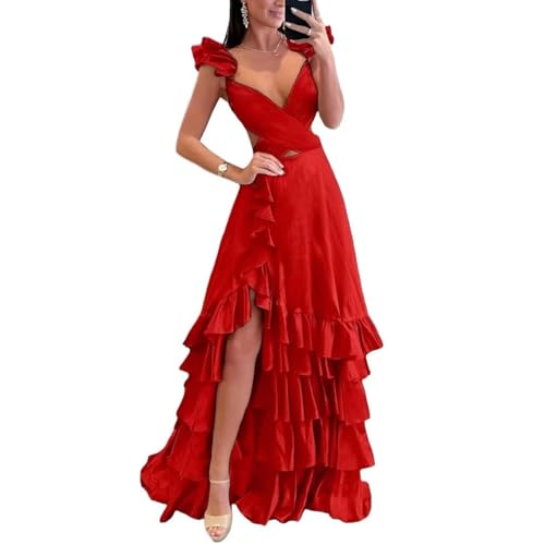 Satin Prom Dresses 2024 V Neck Tiered Ruffles Cutout Long Ball Gown High Low Formal Evening Party Gowns with Slit