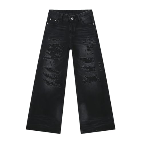 Men's Denim Pants Hole Worn-Out Streetwear Trousers Straight Wide Leg Casual Jeans