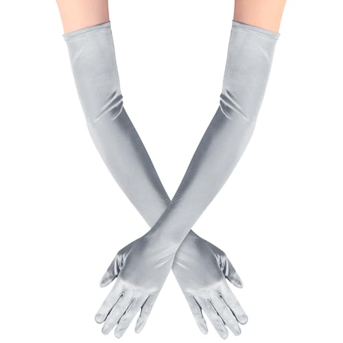 Lansian Long Opera Party Gloves for Women 1920s 20s Satin Gloves Costumes Elbow Length Bridal Evening Dress 21.6 inches (Silver)