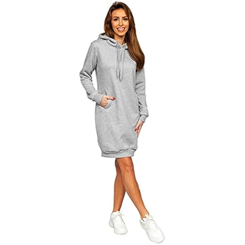 BOLF Damen Sweatkleid Lang Sweatshirt Longshirt Oversize Hoodie Tunika Sportkleid Kapuzenpullover Kapuzenkleid Weich Und Bequem Hochwertiger Baumwollmischung Basic YS10005 Grau XL Cover