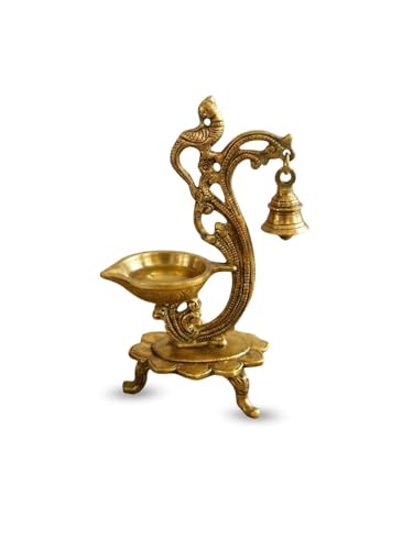 Image of ExclusiveLane 'Sacred Peacock' Brass Table Diya with Bell (100% Pure Brass, 1 Wick, 19.6 Cm, 20 ml, 0.64 kg, Hand-Etched) | Brass Diya for Pooja Traditional Decorative Diya for Pooja