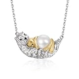 Hipearl Pearl Otter Necklace, Mother and Baby Design, 10mm Freshwater Pearl, 18+2.5 inch Adjustable Chain, Silver and Gold-Tone for Mother's Day