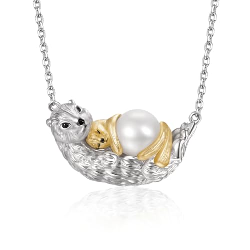 Hipearl Pearl Otter Necklace, Mother and Baby Design, 10mm Freshwater Pearl, 18+2.5 inch Adjustable Chain, Silver and Gold-Tone for Mother's Day