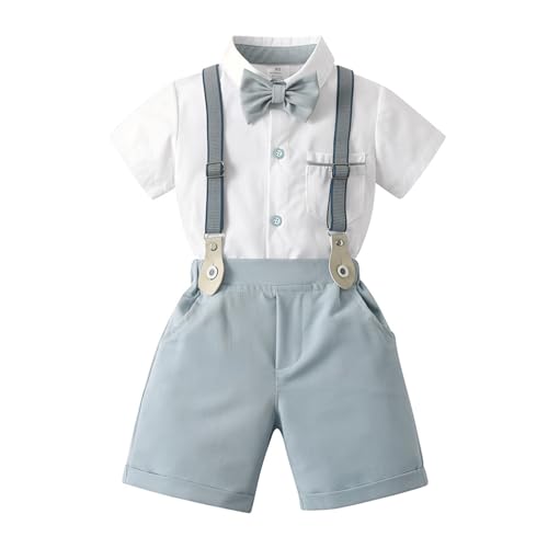 Volunboy Bebé Niño Caballero Conjunto, Camisa de Manga Corta con Pajarita + Corta Pantalón Verano 4 Piezas Traje Ropa(Azul Claro,18 24 meses,Tamaño 90)