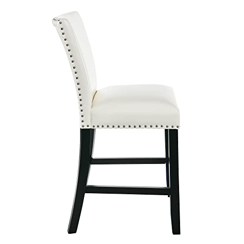 Counter Chairs With Nail-Heads Trim, Set Of 2 Bar Stool Chairs With Solid Wood Leg, Holds 300 Lbs, 26”H Seat Leather Kitchen Chairs, Waterproof Skin,Upholstered Stools, Ivory White Zby2258Wt #TOP2