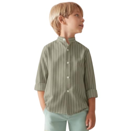 Image of A.T.U.N. (ALL THINGS UBER NICE) Boys 100% Cotton Band Collar Shirt | Soft Fabric with Button Front Style & Roll-Up Sleeves | Comfortable Casual Kids Shirt