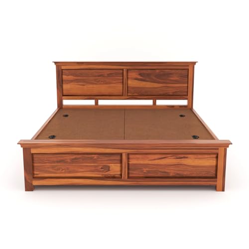 Image of Sheesham Wood King Size Bed with Storage Box | Wooden Box Bed King Size Double Cot Bed with Storage for Bedroom | Premium 2 Dalla Design Headboard Bed for Hotel, Home | Honey Finish