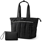 LYAUK Tote Bag for Women, Puffy Tote Bag Handbags with Makeup Bag, Travel Tote Bag with Zipper, Lightweight Work Tote Bag for Women College, Medium, Black